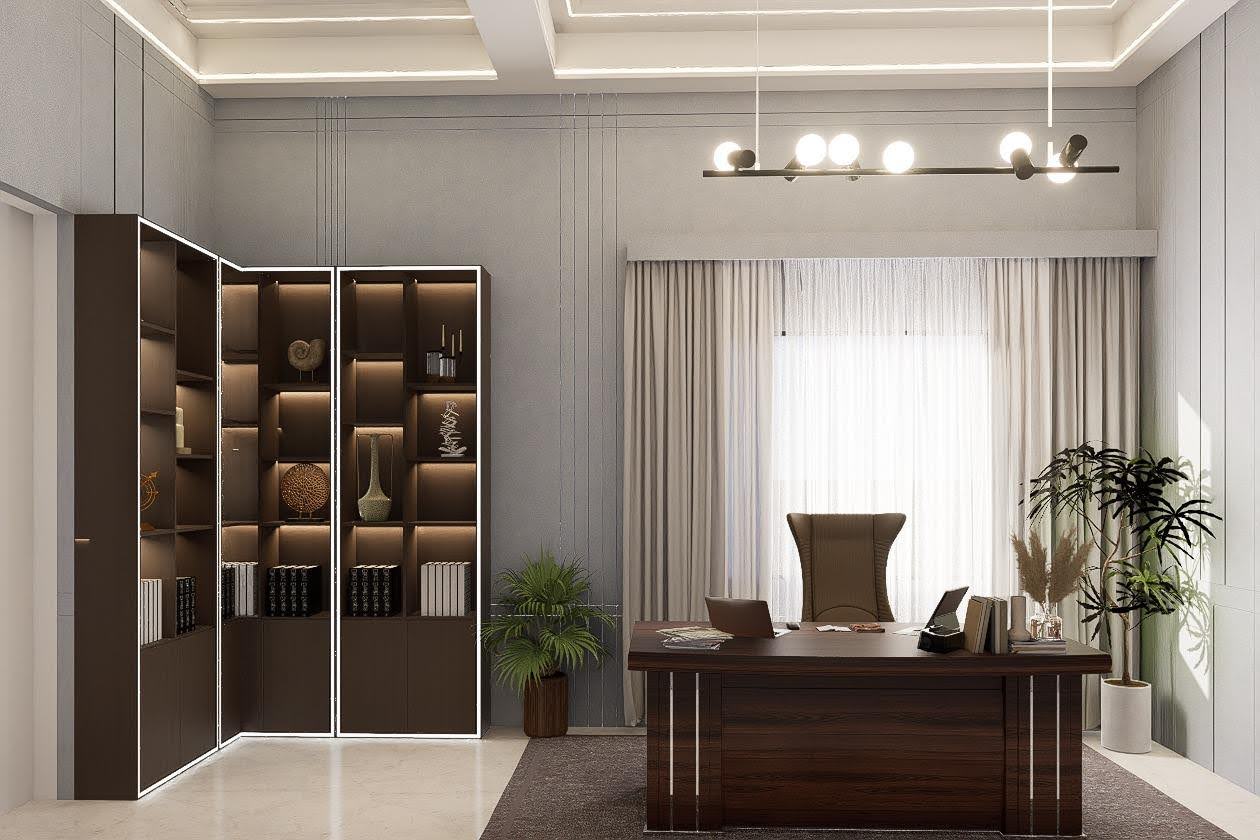 Principal's office desk and shelving